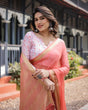 Load image into Gallery viewer, Peach Pink Plain Chiffon Saree with Gold Zari Border, Geometric Printed Blouse &amp; Tassel Detailing CHIFFON
