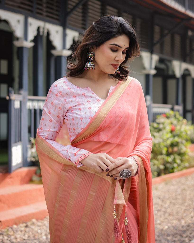 Peach Pink Plain Chiffon Saree with Gold Zari Border, Geometric Printed Blouse & Tassel Detailing CHIFFON
