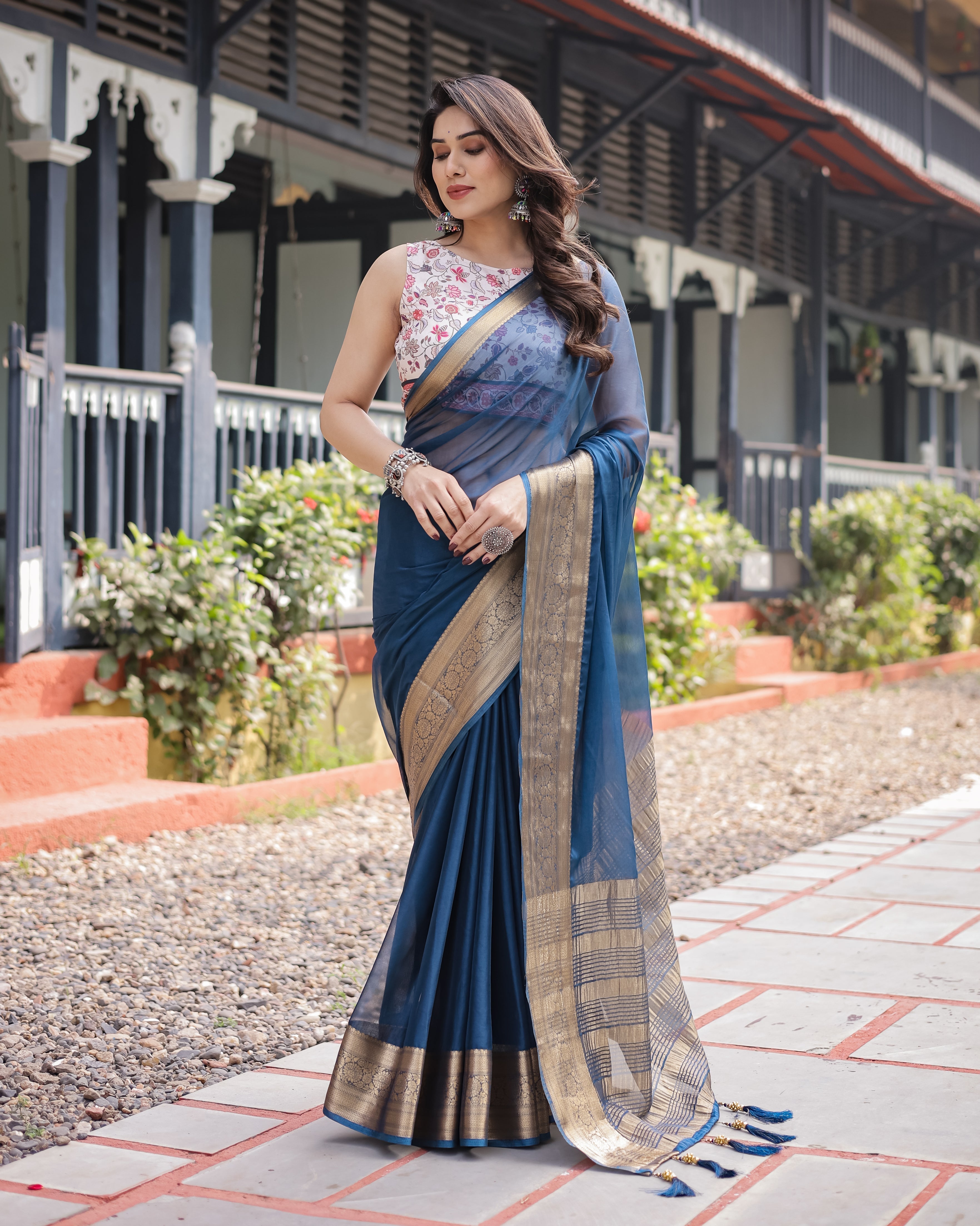 Deep Navy Blue Plain Chiffon Saree with Gold Zari Border, Floral Printed Blouse & Tassel Accents Secondary image