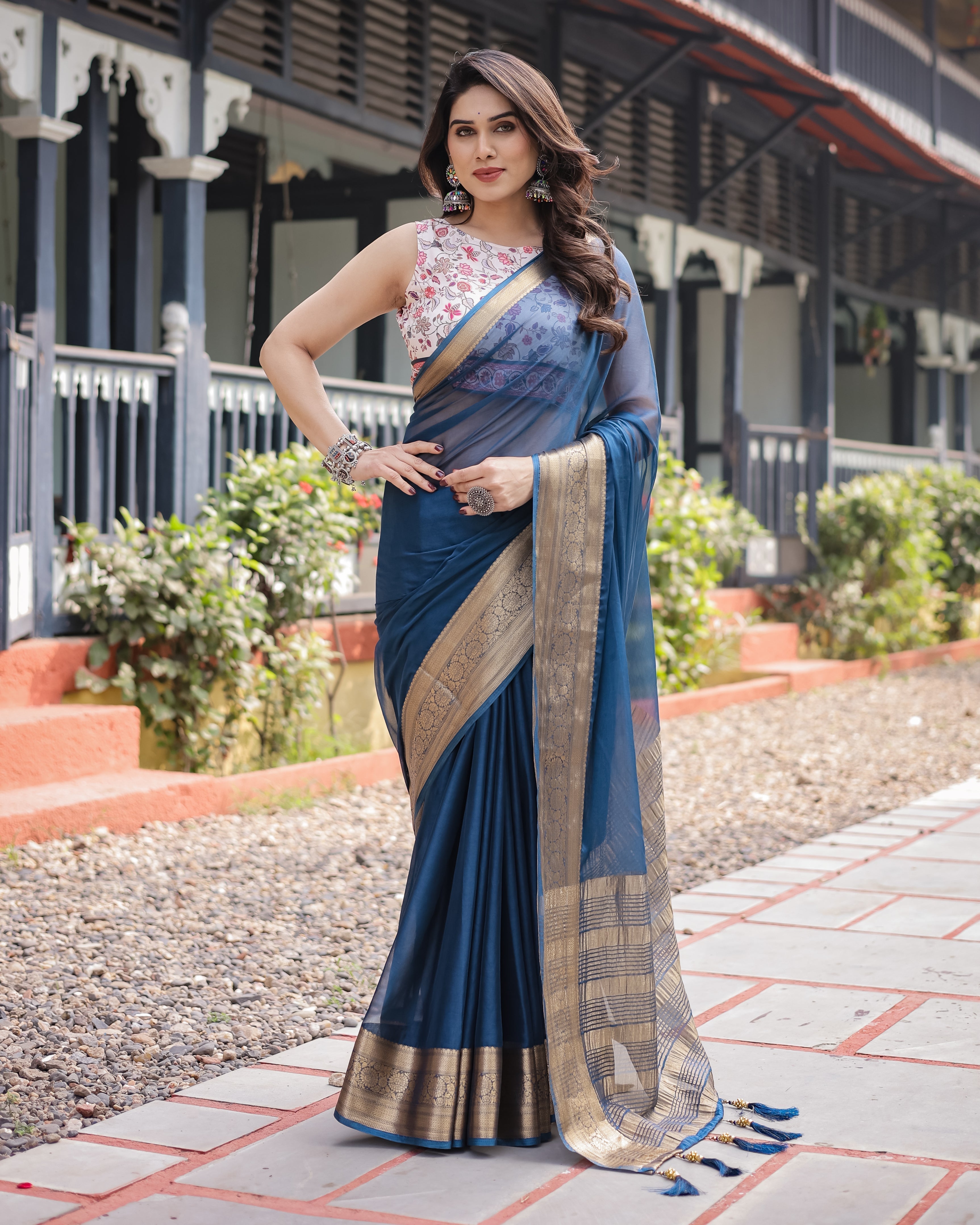 Deep Navy Blue Plain Chiffon Saree with Gold Zari Border, Floral Printed Blouse & Tassel Accents CHIFFON Main image