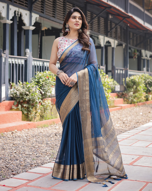 Deep Navy Blue Plain Chiffon Saree with Gold Zari Border, Floral Printed Blouse & Tassel Accents CHIFFON