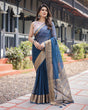 Load image into Gallery viewer, Deep Navy Blue Plain Chiffon Saree with Gold Zari Border, Floral Printed Blouse &amp; Tassel Accents CHIFFON