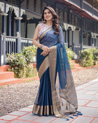 Deep Navy Blue Plain Chiffon Saree with Gold Zari Border, Floral Printed Blouse & Tassel Accents CHIFFON