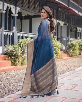 Deep Navy Blue Plain Chiffon Saree with Gold Zari Border, Floral Printed Blouse & Tassel Accents CHIFFON