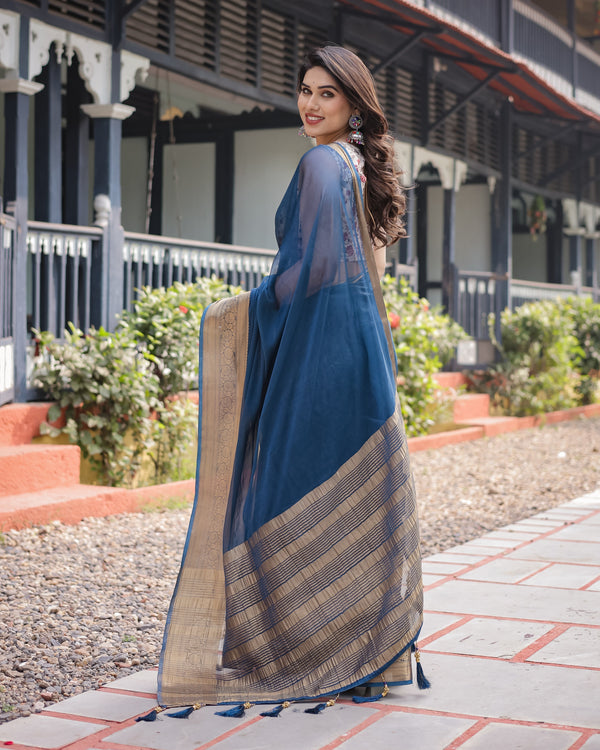 Deep Navy Blue Plain Chiffon Saree with Gold Zari Border, Floral Printed Blouse & Tassel Accents CHIFFON