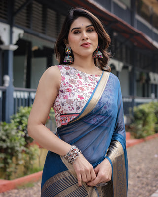 Deep Navy Blue Plain Chiffon Saree with Gold Zari Border, Floral Printed Blouse & Tassel Accents CHIFFON