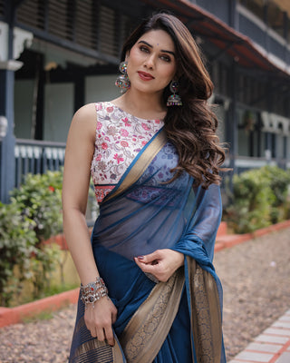 Deep Navy Blue Plain Chiffon Saree with Gold Zari Border, Floral Printed Blouse & Tassel Accents CHIFFON