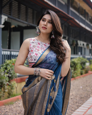 Deep Navy Blue Plain Chiffon Saree with Gold Zari Border, Floral Printed Blouse & Tassel Accents CHIFFON