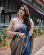Load image into Gallery viewer, Deep Navy Blue Plain Chiffon Saree with Gold Zari Border, Floral Printed Blouse &amp; Tassel Accents CHIFFON