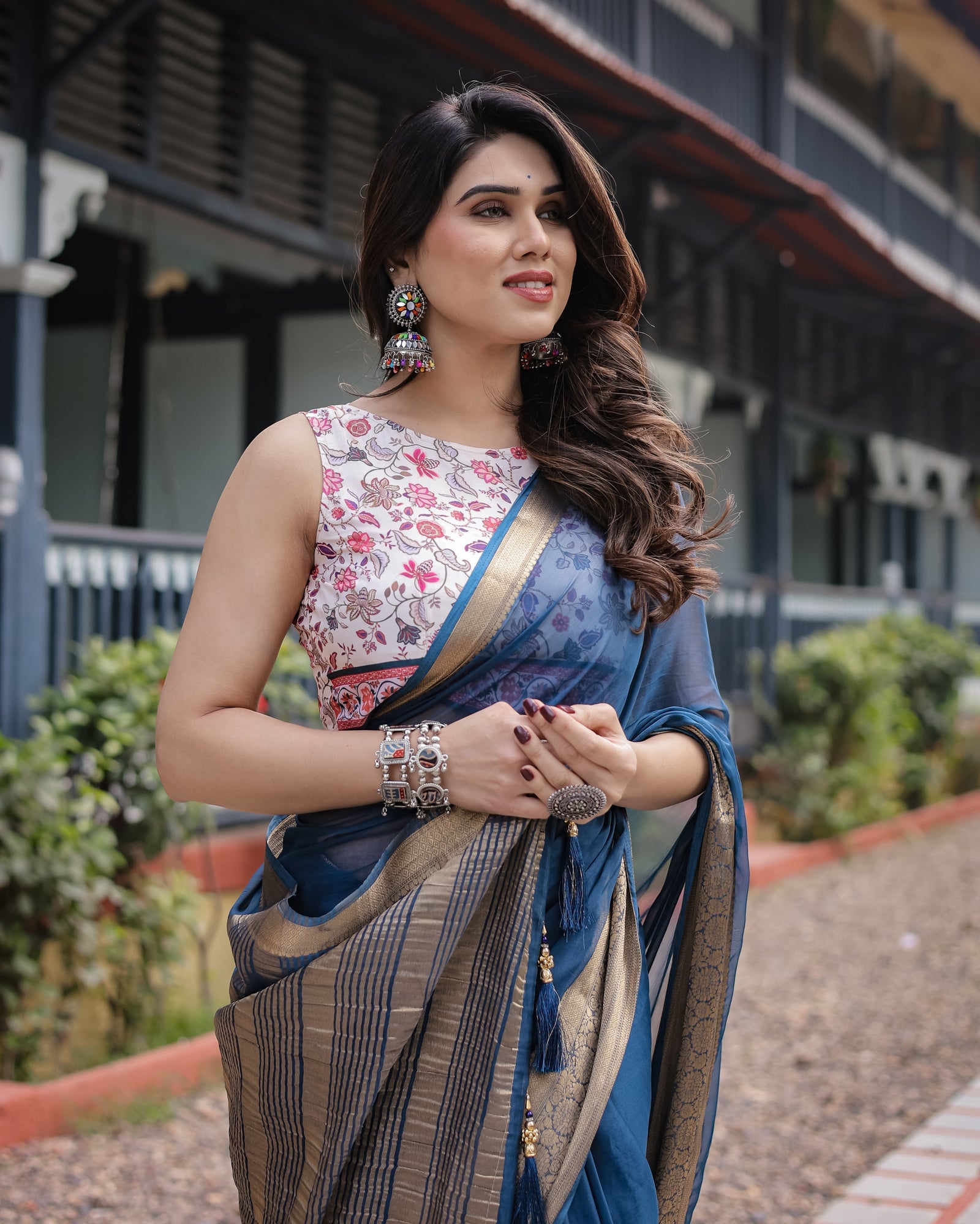 Deep Navy Blue Plain Chiffon Saree with Gold Zari Border, Floral Printed Blouse & Tassel Accents CHIFFON