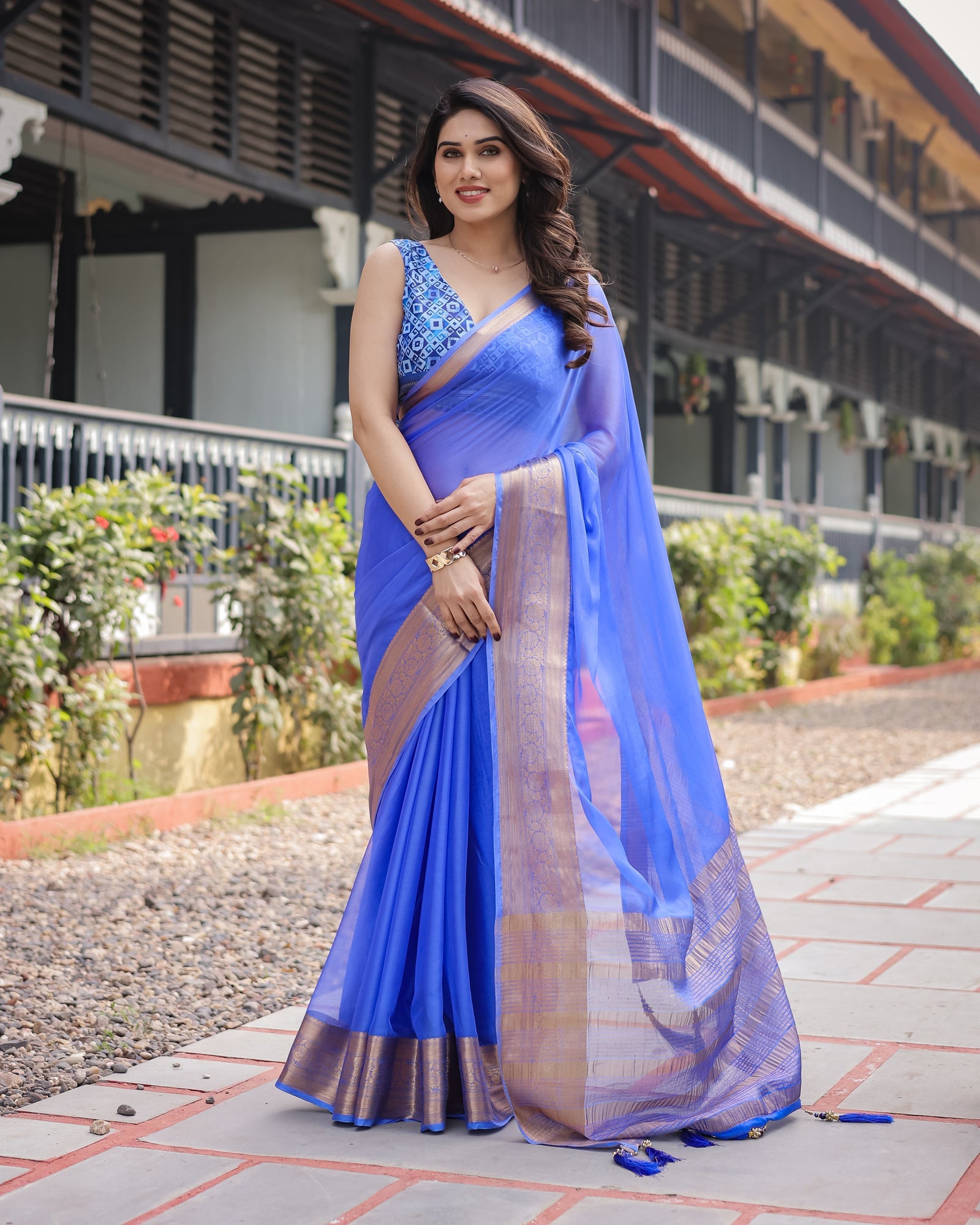 Royal Blue Plain Chiffon Saree with Gold Zari Border, Geometric Printed Blouse & Tassel Detailing CHIFFON