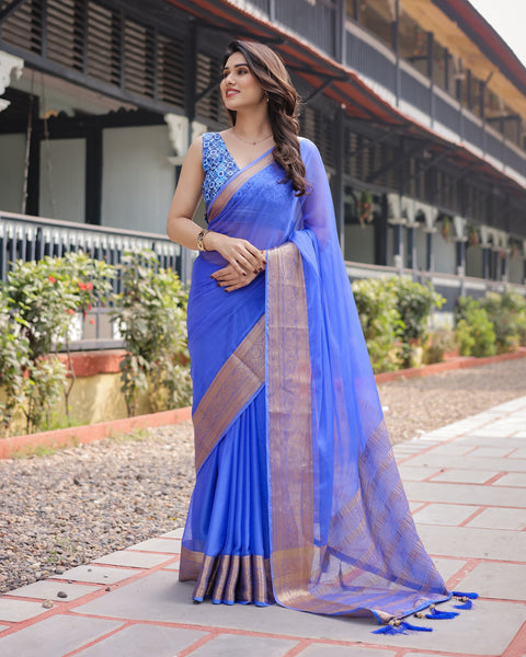 Royal Blue Plain Chiffon Saree with Gold Zari Border, Geometric Printed Blouse & Tassel Detailing CHIFFON Main image