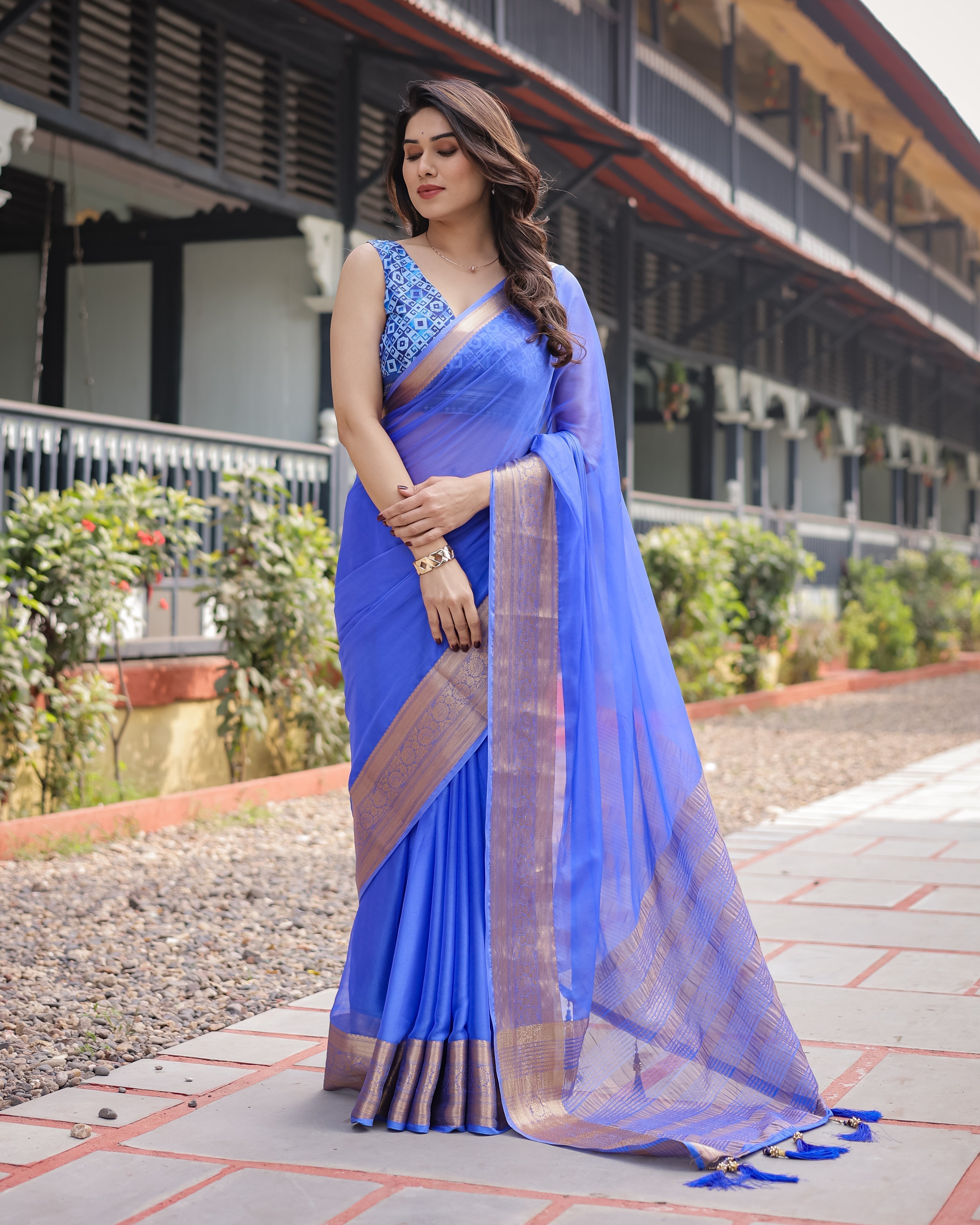 Royal Blue Plain Chiffon Saree with Gold Zari Border, Geometric Printed Blouse & Tassel Detailing Secondary image
