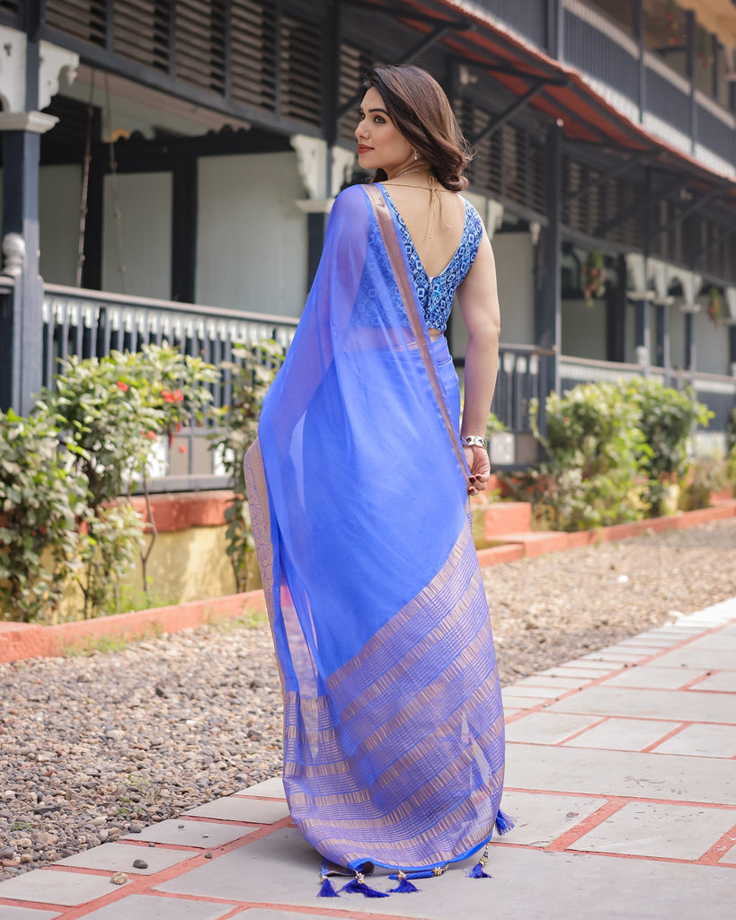 Royal Blue Plain Chiffon Saree with Gold Zari Border, Geometric Printed Blouse & Tassel Detailing CHIFFON