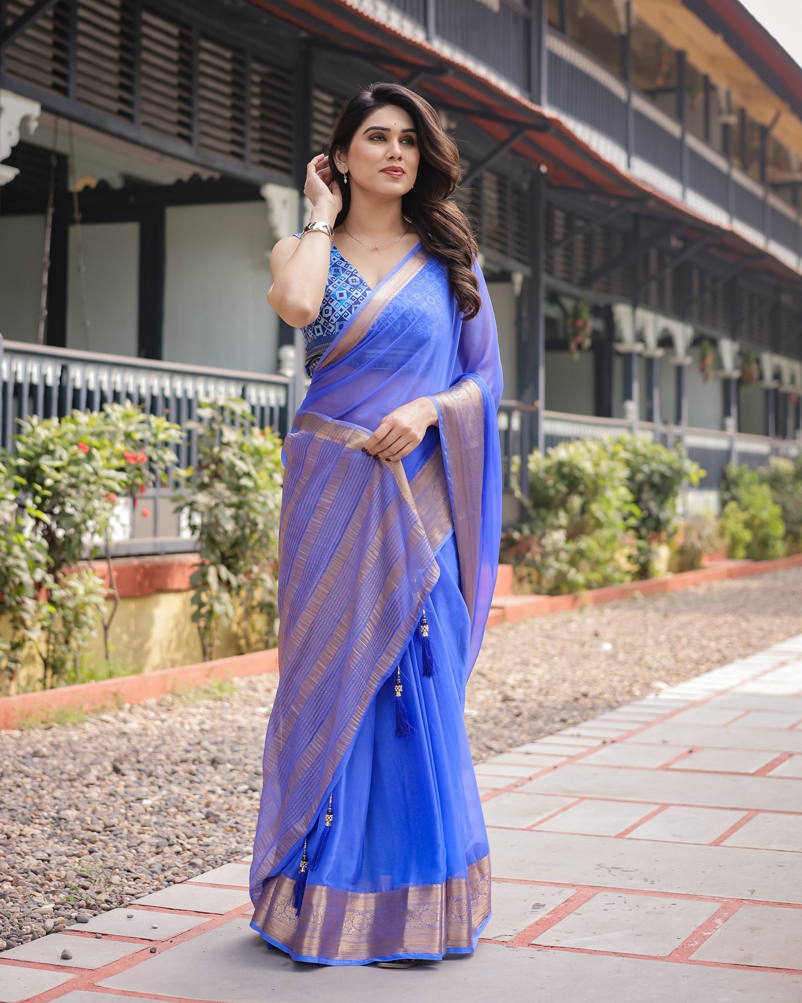 Royal Blue Plain Chiffon Saree with Gold Zari Border, Geometric Printed Blouse & Tassel Detailing CHIFFON