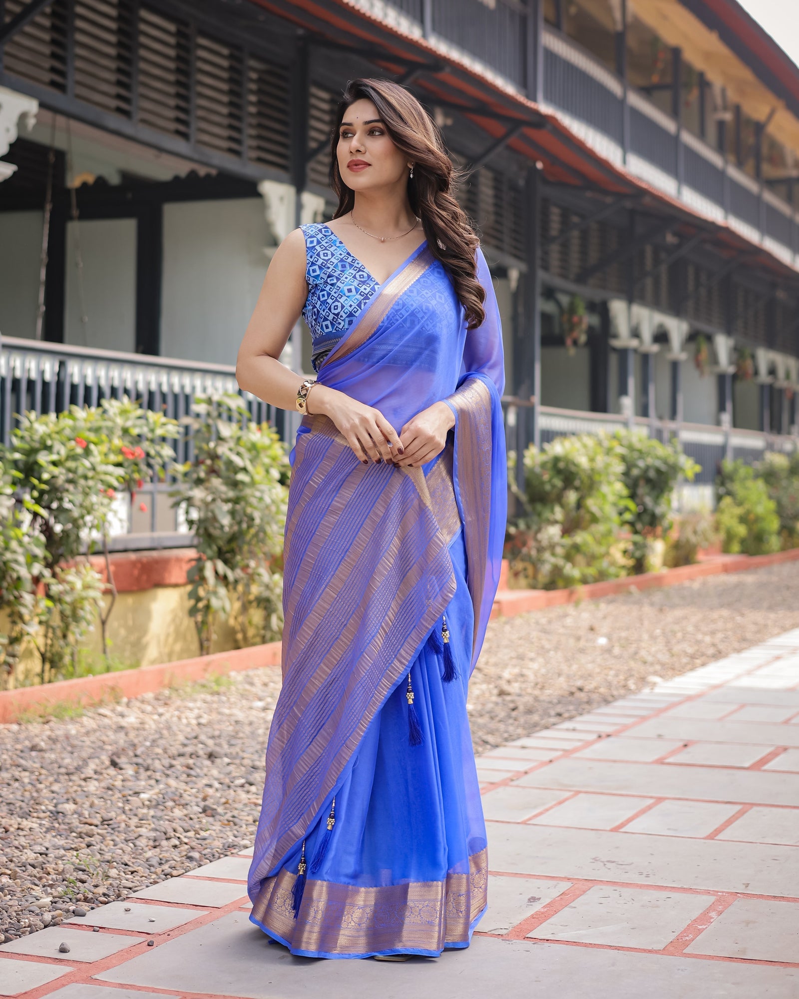 Royal Blue Plain Chiffon Saree with Gold Zari Border, Geometric Printed Blouse & Tassel Detailing CHIFFON