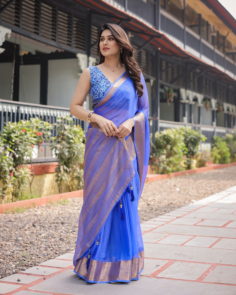 Royal Blue Plain Chiffon Saree with Gold Zari Border, Geometric Printed Blouse & Tassel Detailing CHIFFON