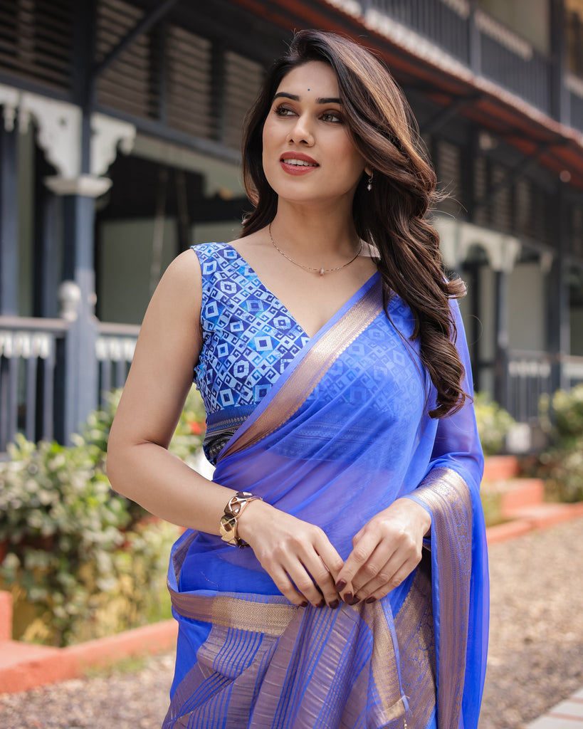Royal Blue Plain Chiffon Saree with Gold Zari Border, Geometric Printed Blouse & Tassel Detailing CHIFFON