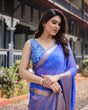 Load image into Gallery viewer, Royal Blue Plain Chiffon Saree with Gold Zari Border, Geometric Printed Blouse &amp; Tassel Detailing CHIFFON