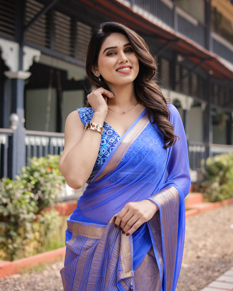 Royal Blue Plain Chiffon Saree with Gold Zari Border, Geometric Printed Blouse & Tassel Detailing CHIFFON
