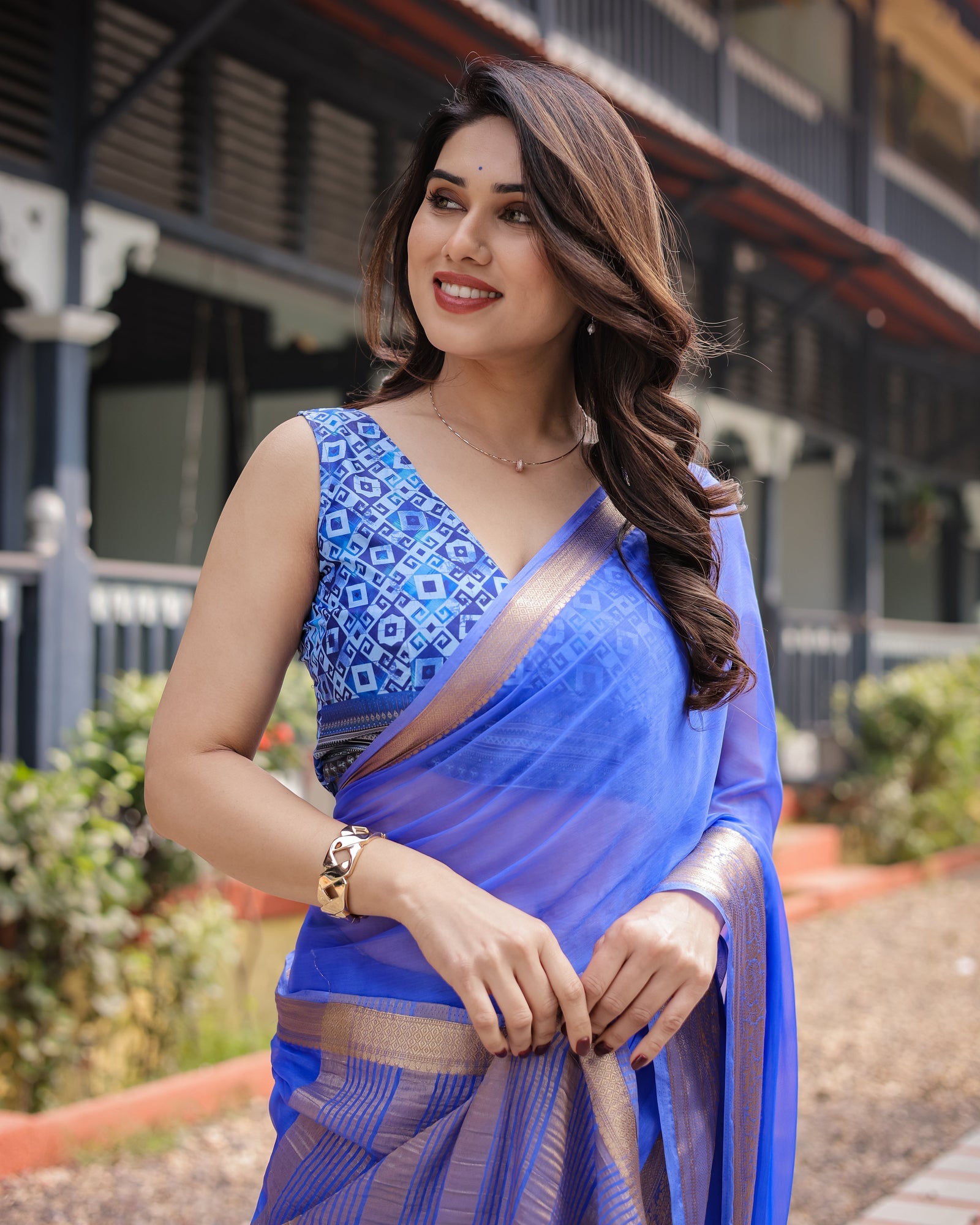 Royal Blue Plain Chiffon Saree with Gold Zari Border, Geometric Printed Blouse & Tassel Detailing CHIFFON