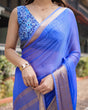 Load image into Gallery viewer, Royal Blue Plain Chiffon Saree with Gold Zari Border, Geometric Printed Blouse &amp; Tassel Detailing CHIFFON