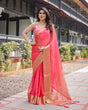 Load image into Gallery viewer, Flamingo Pink Plain Chiffon Saree with Gold Zari Border, Patterned Blouse &amp; Tassel Detailing CHIFFON