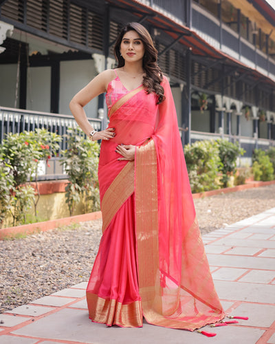 Flamingo Pink Plain Chiffon Saree with Gold Zari Border, Patterned Blouse & Tassel Detailing CHIFFON