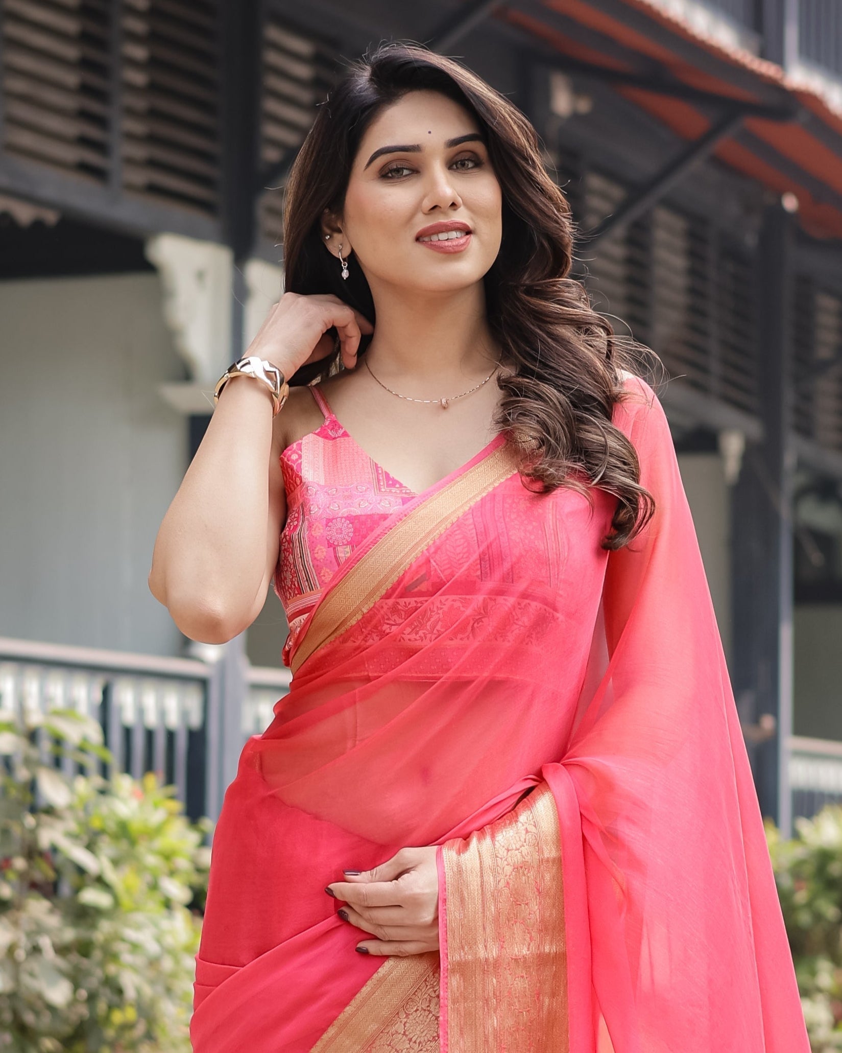 Flamingo Pink Plain Chiffon Saree with Gold Zari Border, Patterned Blouse & Tassel Detailing CHIFFON