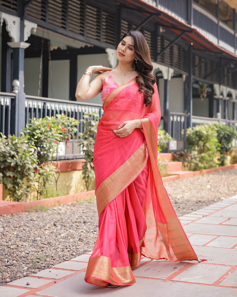 Flamingo Pink Plain Chiffon Saree with Gold Zari Border, Patterned Blouse & Tassel Detailing CHIFFON
