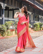 Load image into Gallery viewer, Flamingo Pink Plain Chiffon Saree with Gold Zari Border, Patterned Blouse &amp; Tassel Detailing CHIFFON