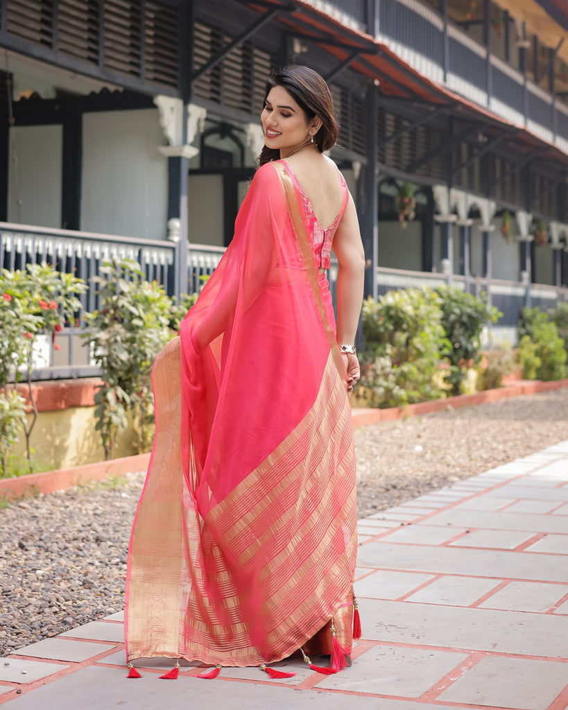 Flamingo Pink Plain Chiffon Saree with Gold Zari Border, Patterned Blouse & Tassel Detailing CHIFFON