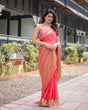 Load image into Gallery viewer, Flamingo Pink Plain Chiffon Saree with Gold Zari Border, Patterned Blouse &amp; Tassel Detailing CHIFFON