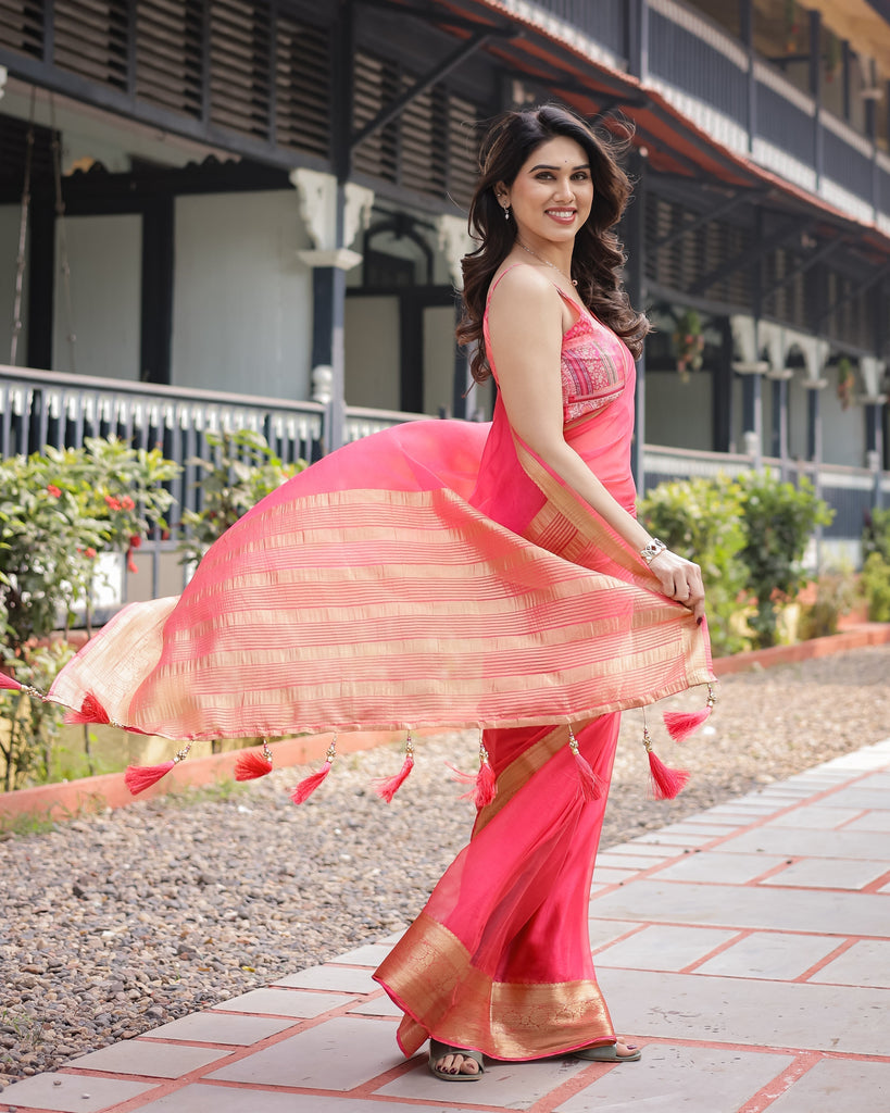 Flamingo Pink Plain Chiffon Saree with Gold Zari Border, Patterned Blouse & Tassel Detailing CHIFFON