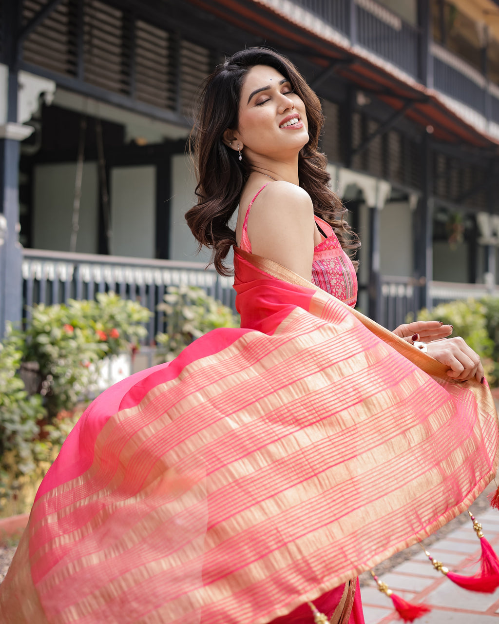 Flamingo Pink Plain Chiffon Saree with Gold Zari Border, Patterned Blouse & Tassel Detailing CHIFFON