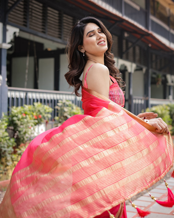 Flamingo Pink Plain Chiffon Saree with Gold Zari Border, Patterned Blouse & Tassel Detailing CHIFFON
