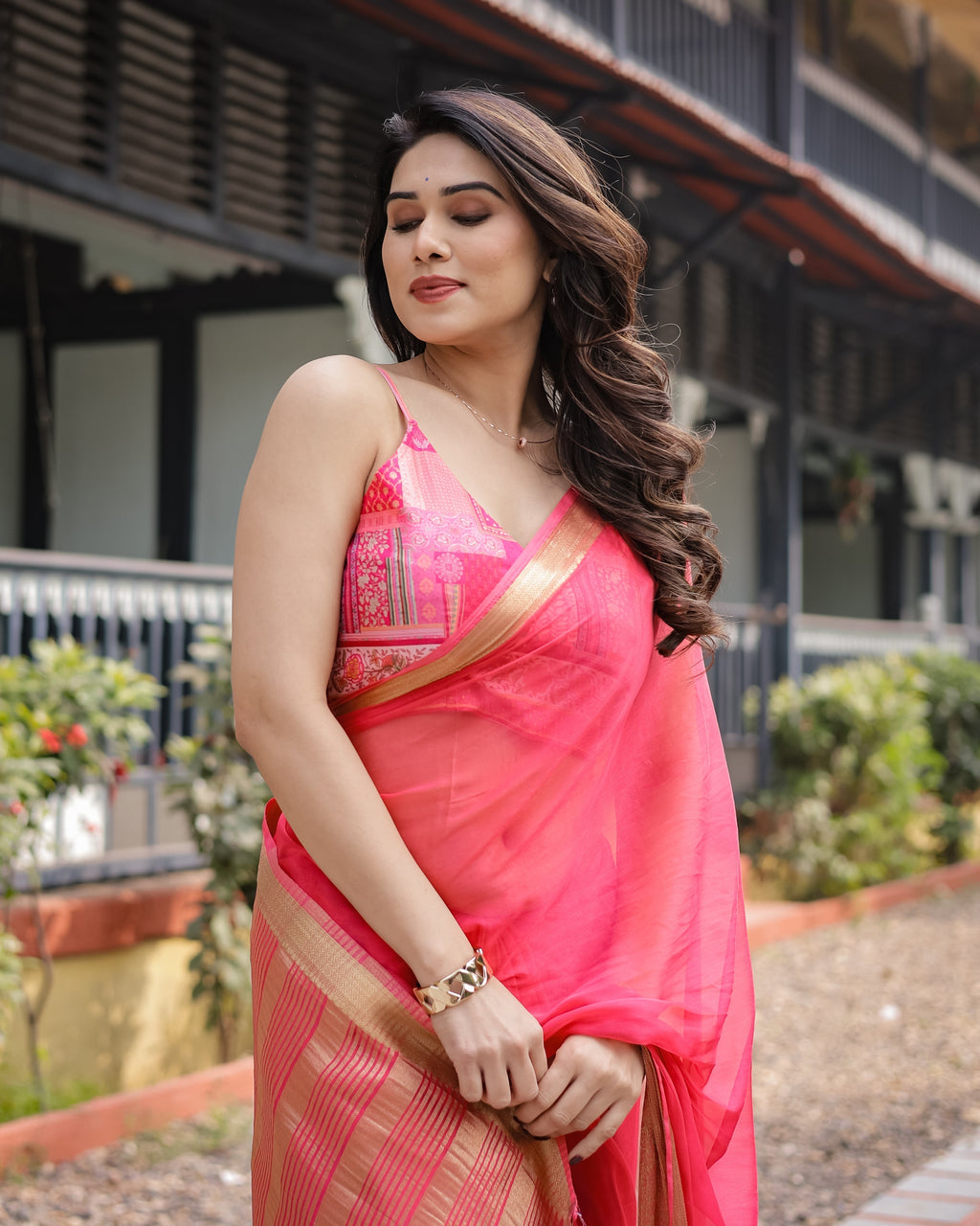 Flamingo Pink Plain Chiffon Saree with Gold Zari Border, Patterned Blouse & Tassel Detailing CHIFFON
