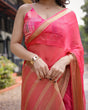Load image into Gallery viewer, Flamingo Pink Plain Chiffon Saree with Gold Zari Border, Patterned Blouse &amp; Tassel Detailing CHIFFON