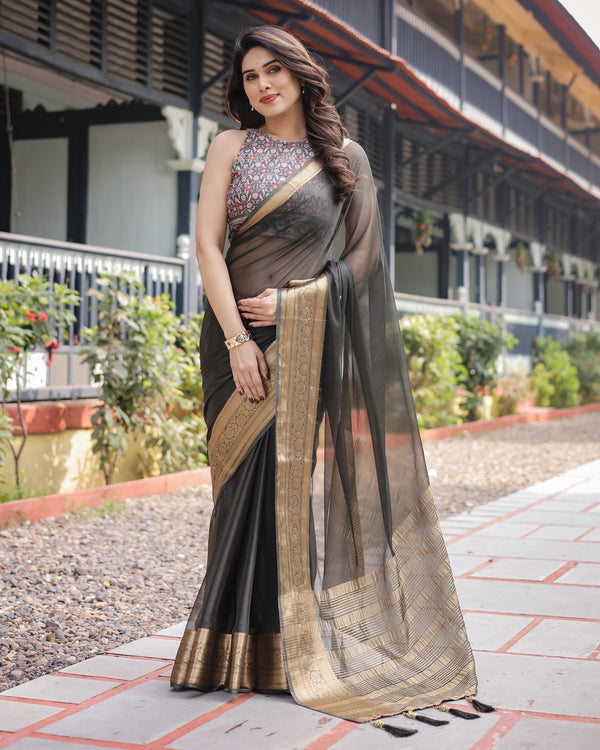 Ethereal Black Plain Chiffon Saree with Gold Zari Border, Floral Printed Blouse & Tassel Detailing CHIFFON