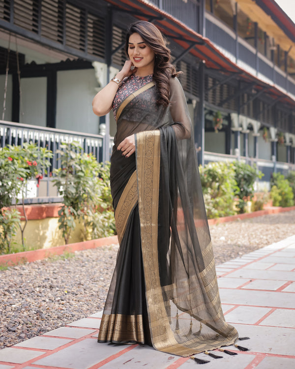 Ethereal Black Plain Chiffon Saree with Gold Zari Border, Floral Printed Blouse & Tassel Detailing CHIFFON