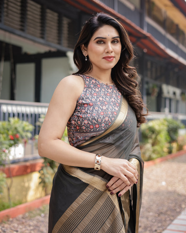 Ethereal Black Plain Chiffon Saree with Gold Zari Border, Floral Printed Blouse & Tassel Detailing CHIFFON