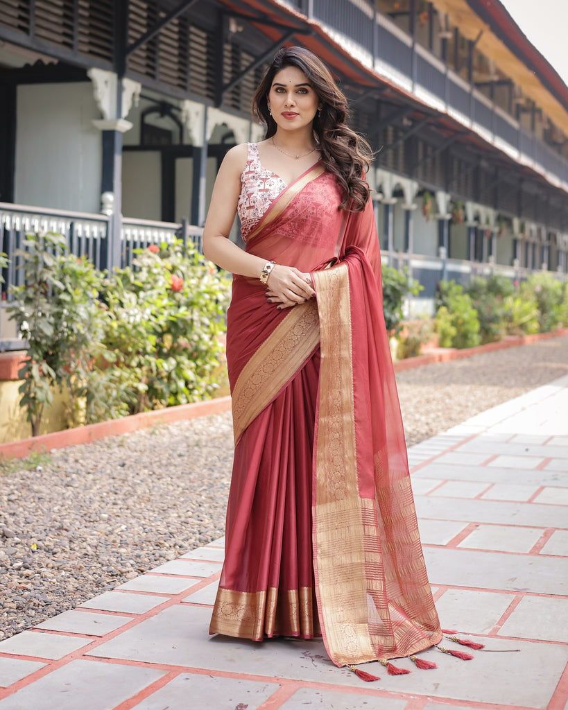 Elegant Maroon Plain Chiffon Saree with Gold Zari Border, Designer Printed Blouse & Tassel Detailing CHIFFON