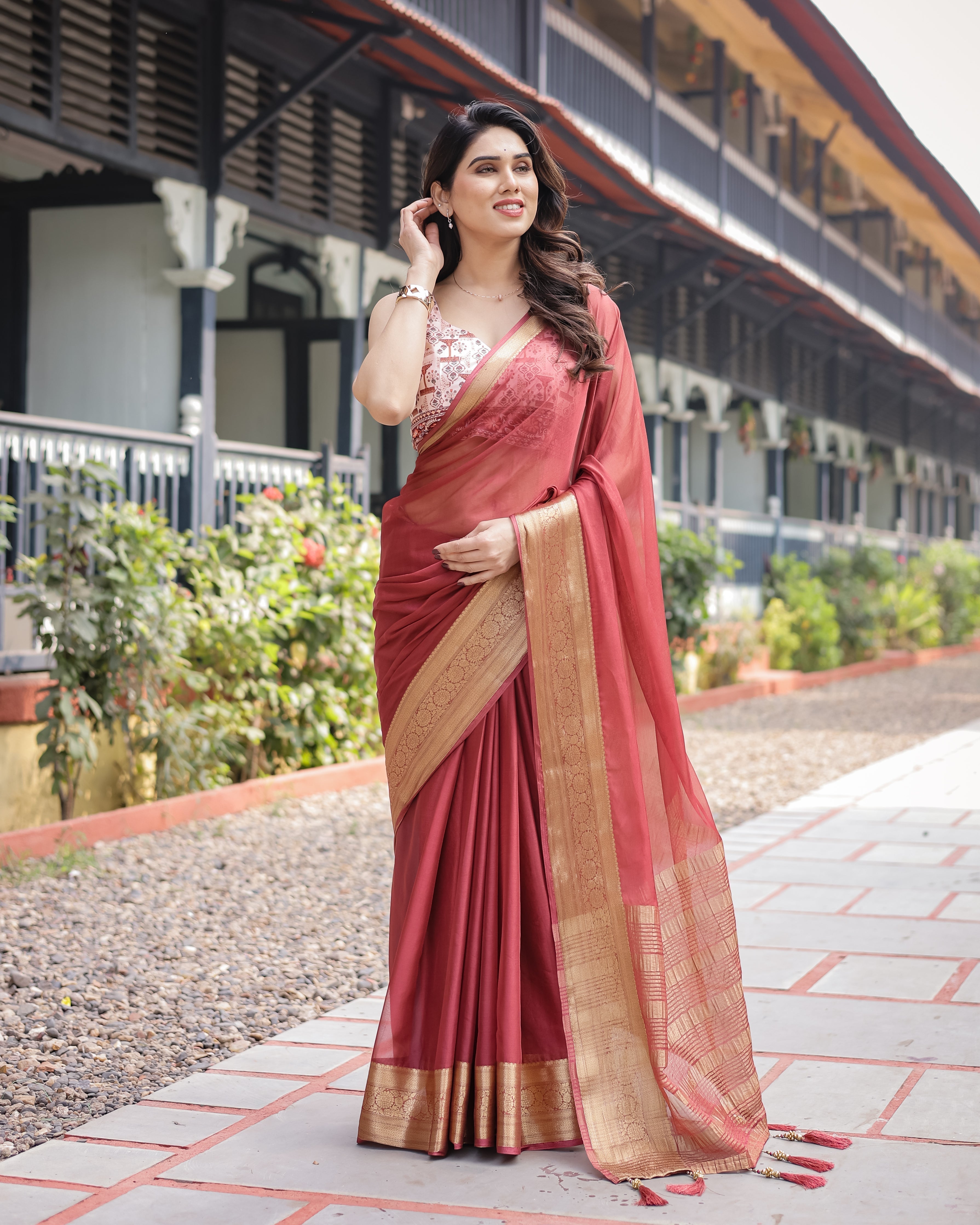 Elegant Maroon Plain Chiffon Saree with Gold Zari Border, Designer Printed Blouse & Tassel Detailing CHIFFON Main image