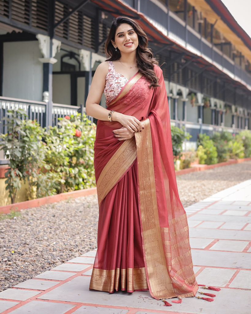 Elegant Maroon Plain Chiffon Saree with Gold Zari Border, Designer Printed Blouse & Tassel Detailing CHIFFON