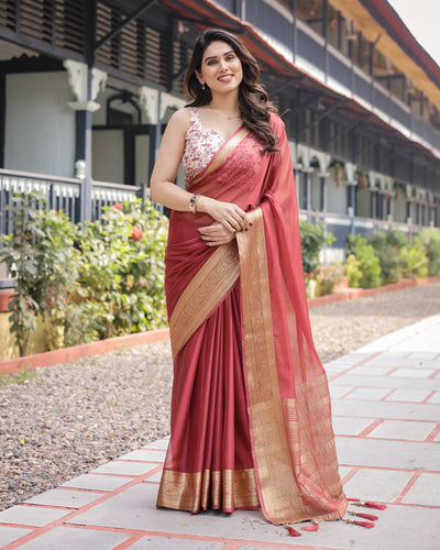 Elegant Maroon Plain Chiffon Saree with Gold Zari Border, Designer Printed Blouse & Tassel Detailing CHIFFON