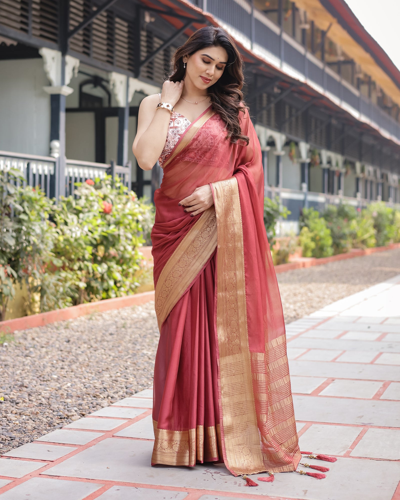 Elegant Maroon Plain Chiffon Saree with Gold Zari Border, Designer Printed Blouse & Tassel Detailing CHIFFON