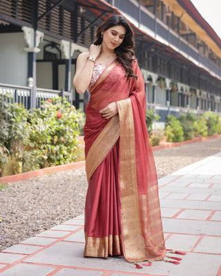 Elegant Maroon Plain Chiffon Saree with Gold Zari Border, Designer Printed Blouse & Tassel Detailing CHIFFON