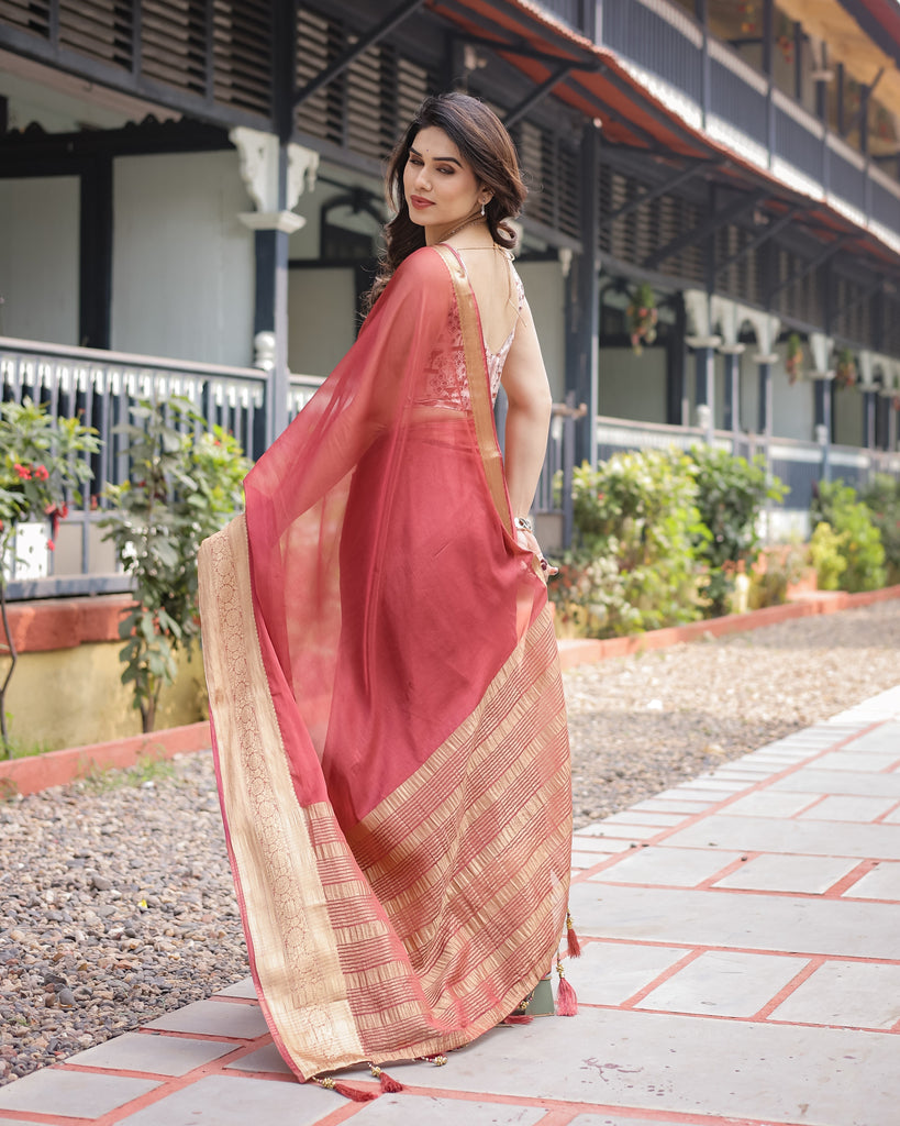 Elegant Maroon Plain Chiffon Saree with Gold Zari Border, Designer Printed Blouse & Tassel Detailing CHIFFON