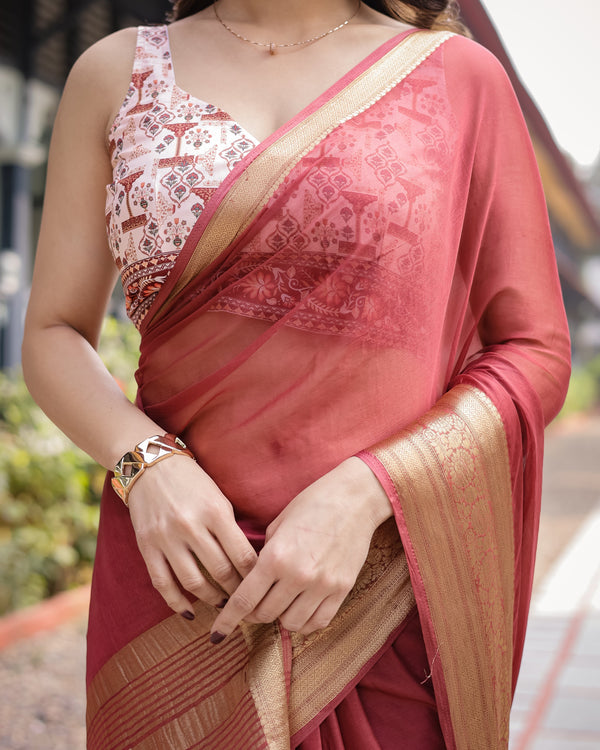 Elegant Maroon Plain Chiffon Saree with Gold Zari Border, Designer Printed Blouse & Tassel Detailing CHIFFON