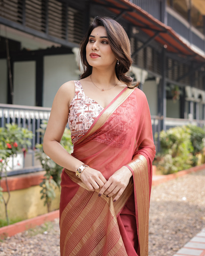 Elegant Maroon Plain Chiffon Saree with Gold Zari Border, Designer Printed Blouse & Tassel Detailing CHIFFON